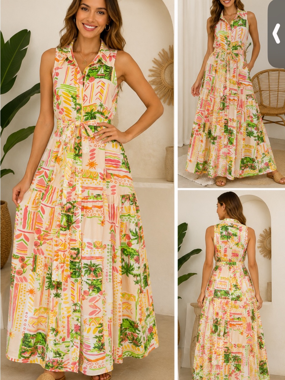 Gato Women’s Tropical Print Maxi Dress Sleeveless Button Front Belted  #66